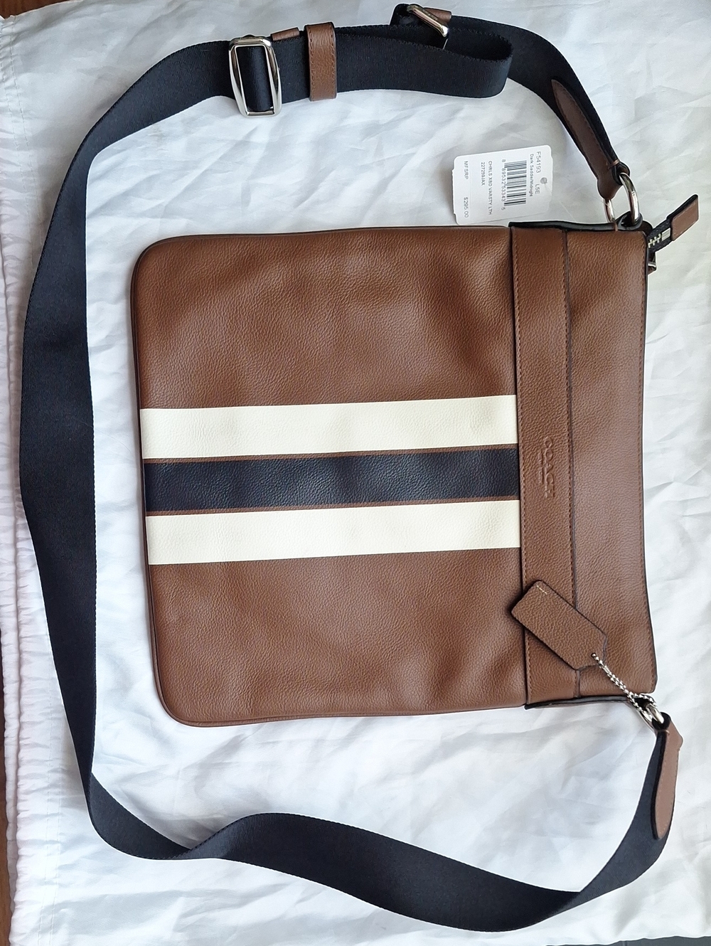 Coach Brown Leather Messenger with White and Midnight Blue Stripes